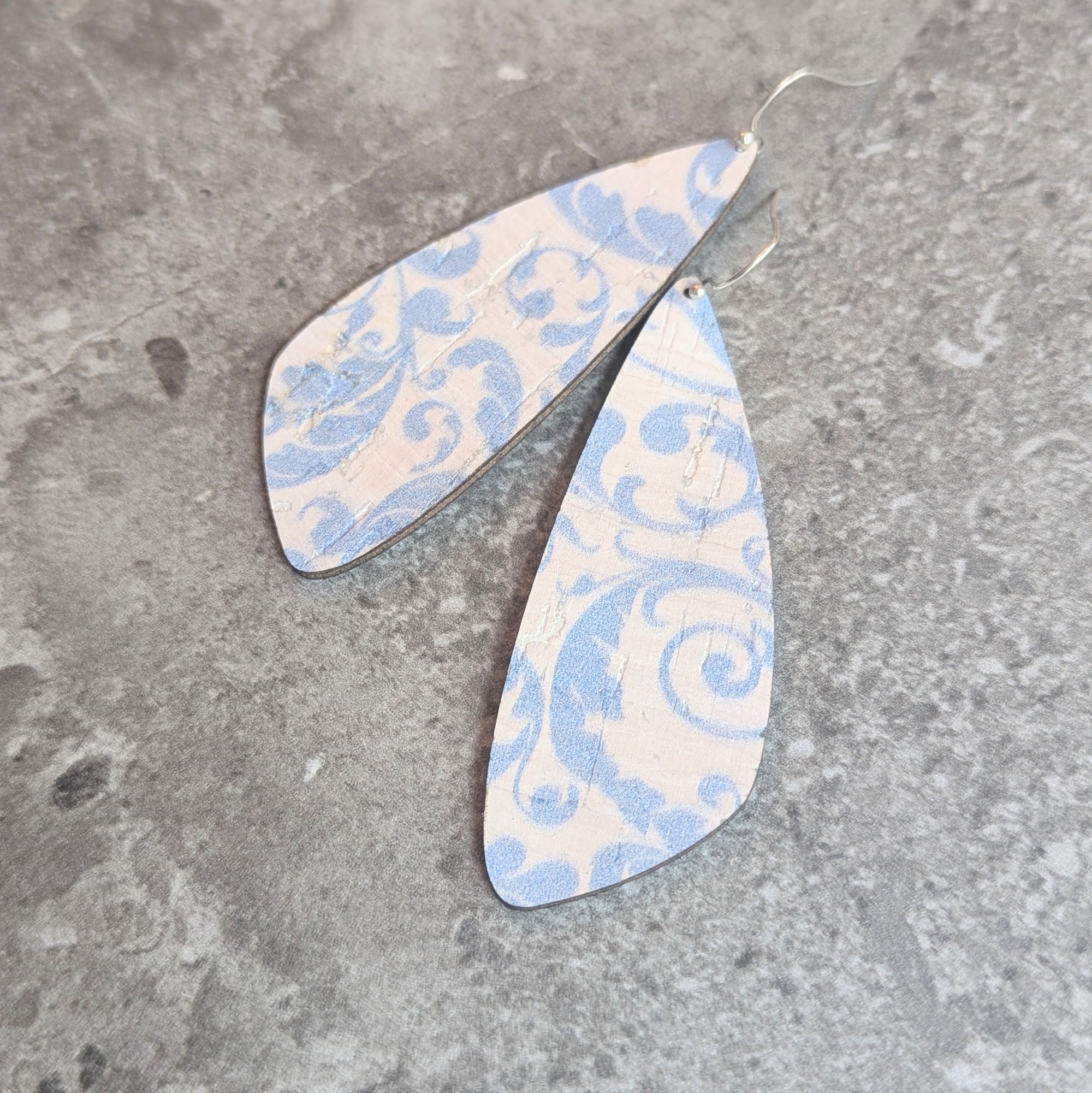 Blue Filigree Cork Earrings - Large Wing