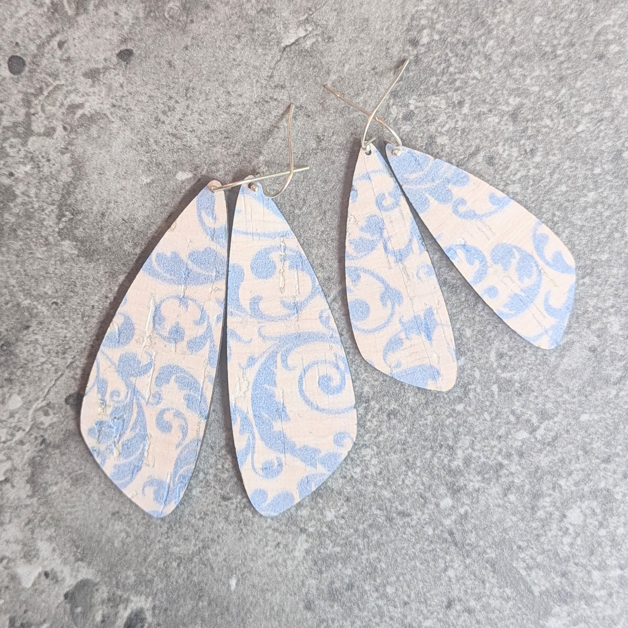 Blue Filigree Cork Earrings - Large Wing