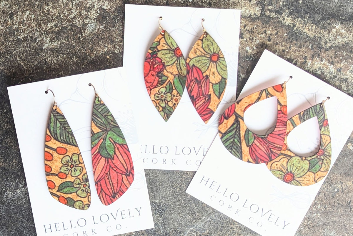 Teal and Red Floral Cork Earrings - Large Leaf