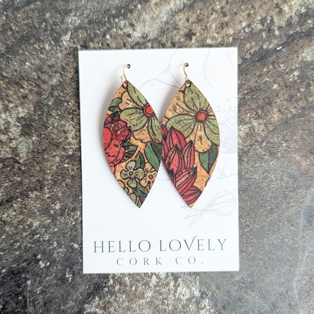 Teal and Red Floral Cork Earrings - Large Leaf