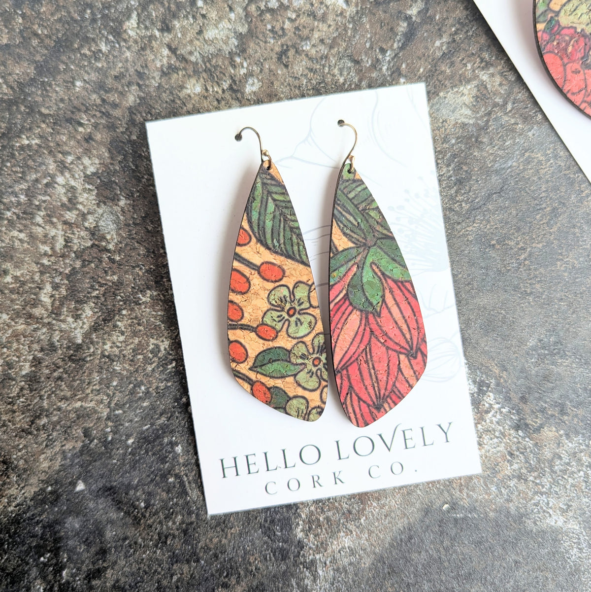 Teal and Red Floral Cork Earrings - Large Wing