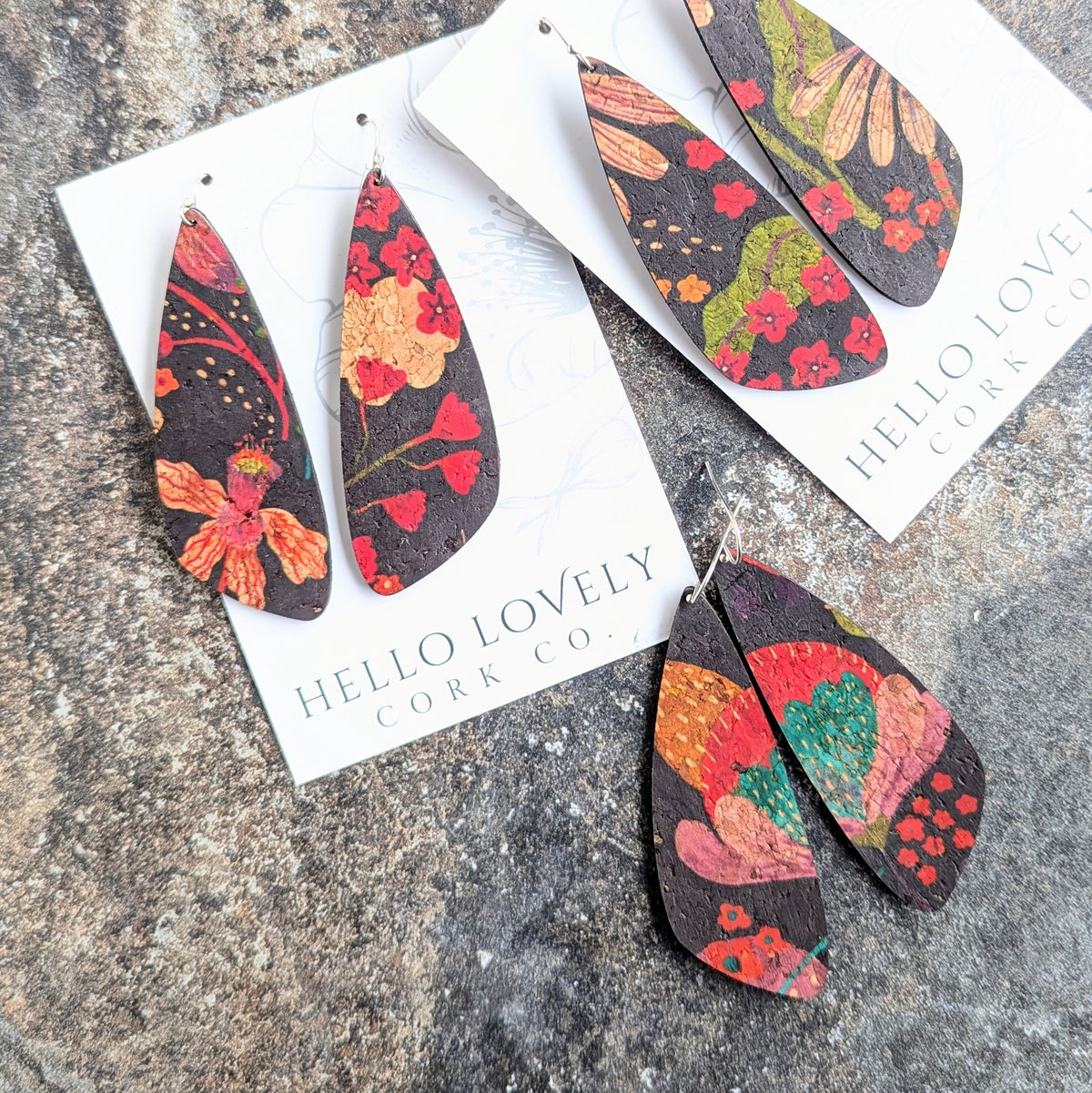 Red Floral Cork Earrings - Large Wing