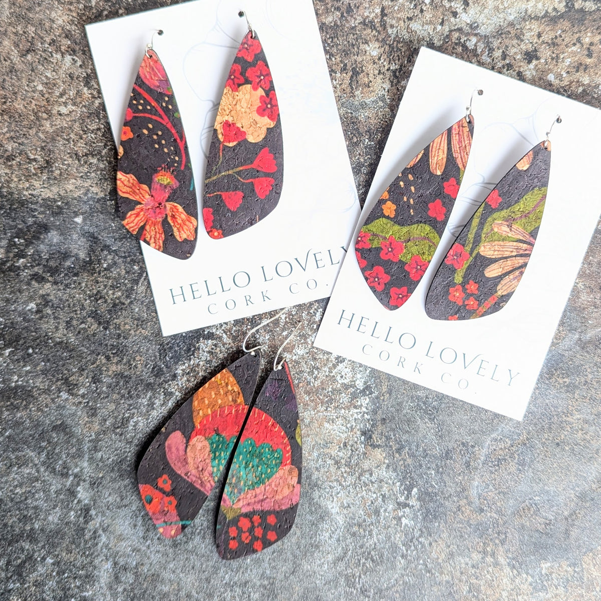 Red Floral Cork Earrings - Large Wing