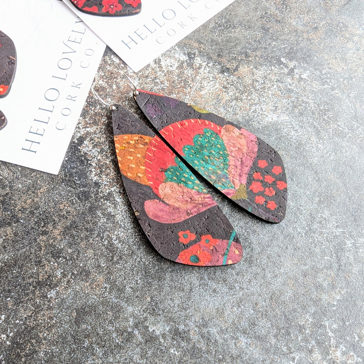 Red Floral Cork Earrings - Large Wing