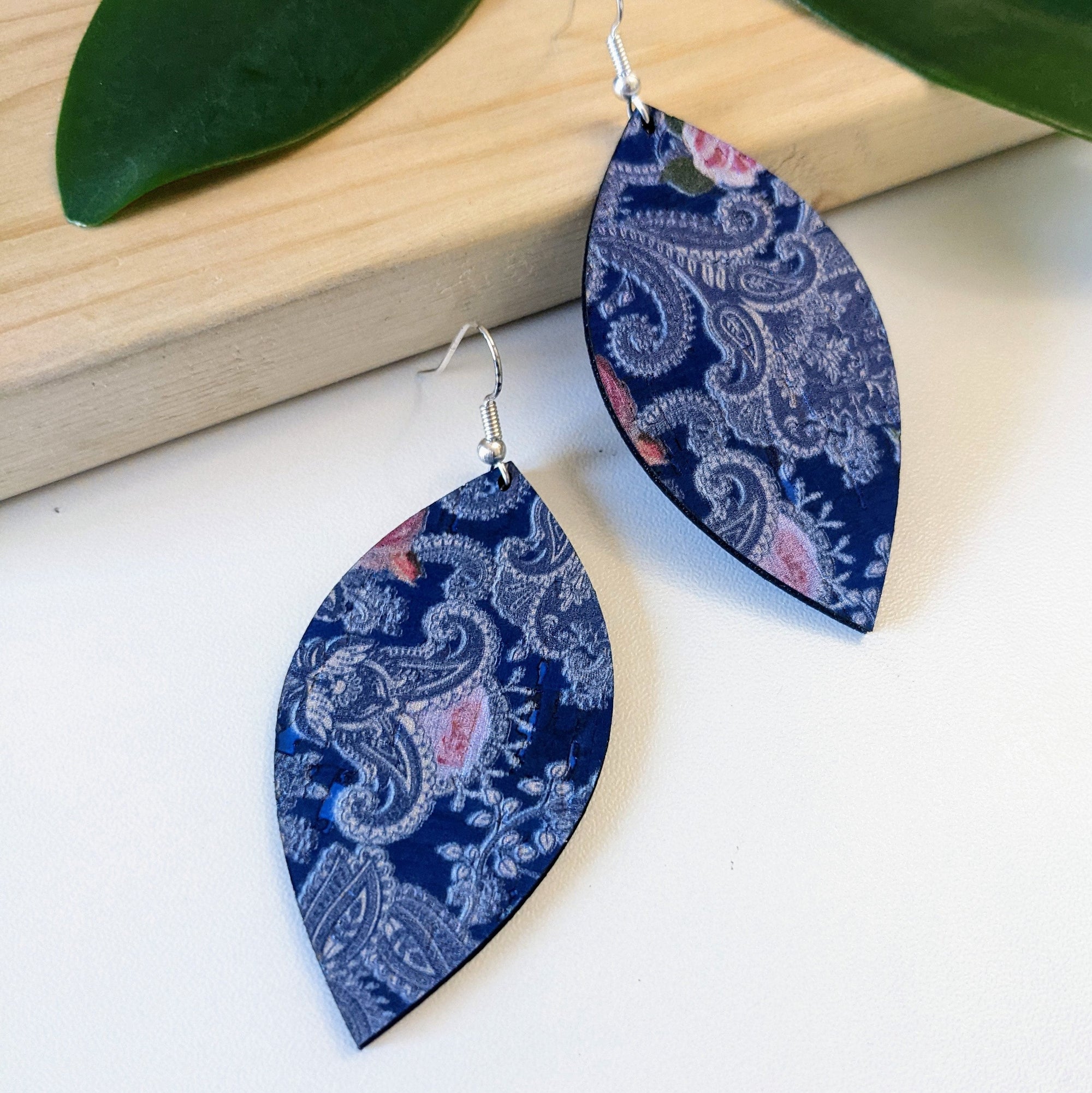 Blue with Pink Roses Cork Earrings